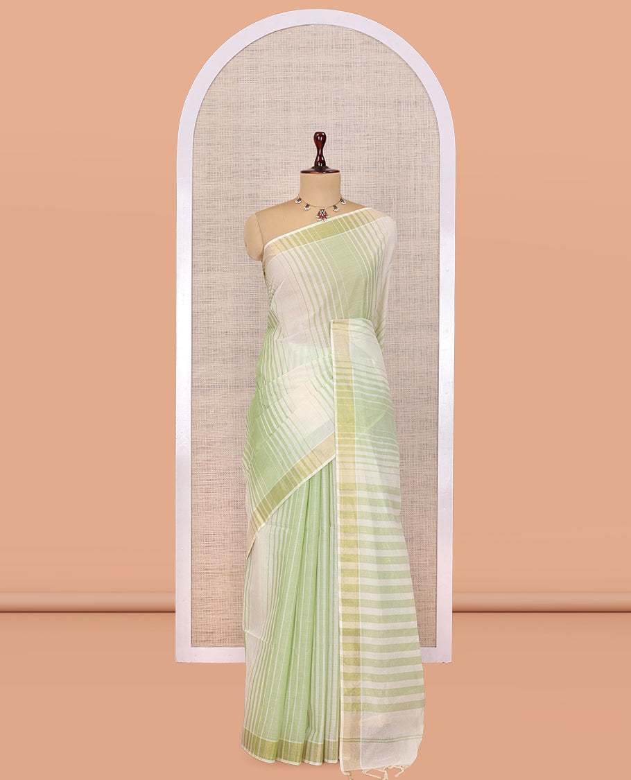 Cream-Leaf Green Jute Cotton Saree