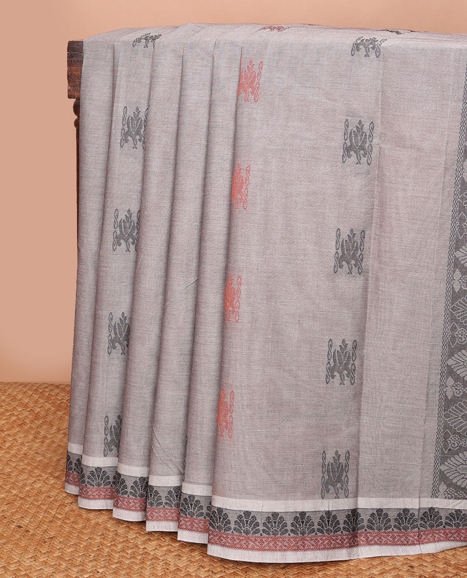 Grey buttas Combatiore cotton saree, unique design border & geometric-patterned pallu