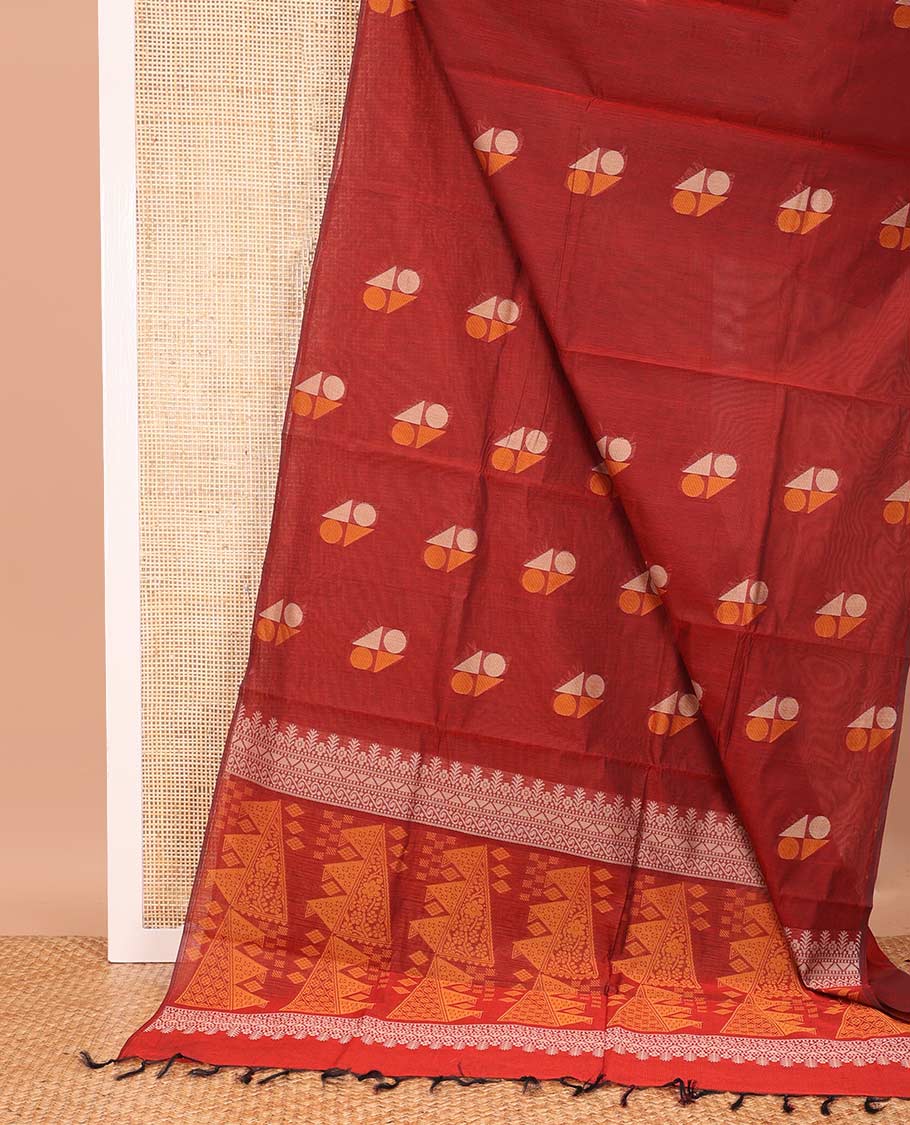 Borderless red geometric motifs Coimbatore cotton saree, intricate pallu