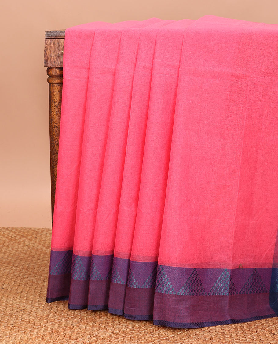 Pink Plain Bengal Cotton Saree, Complemented by Contrast Ganga-Jamuna Temple Border, and Pallu Steeped with Stripes
