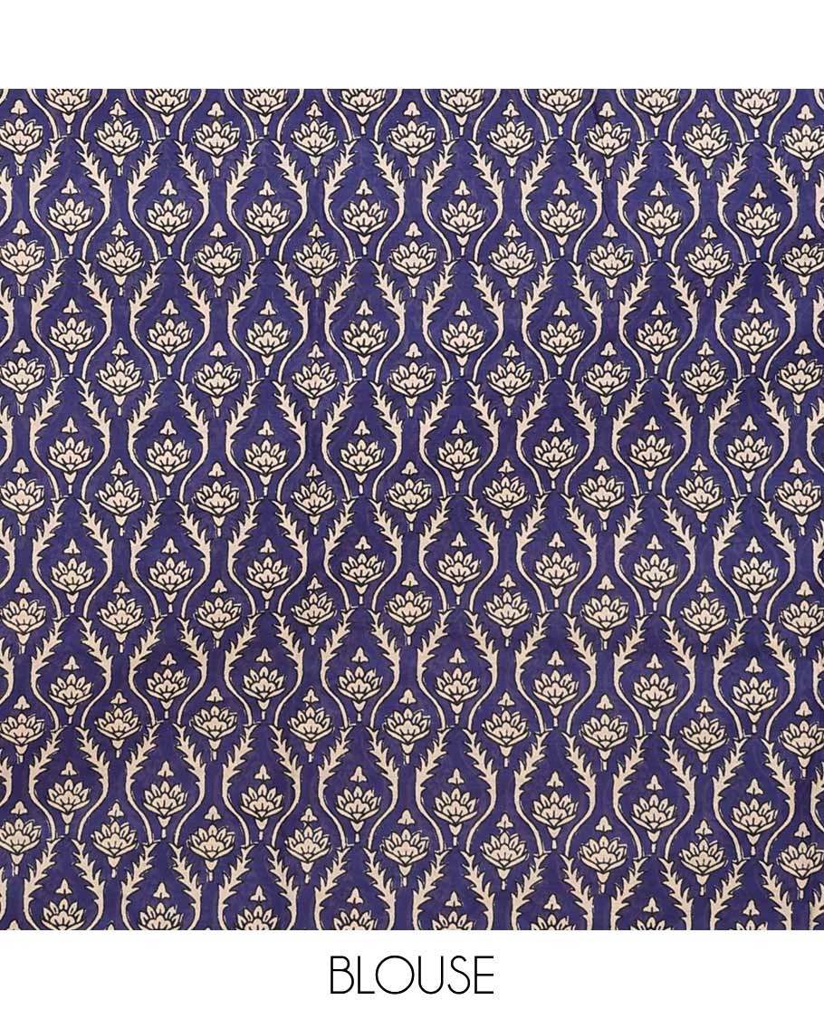 Blue floral printed mul mul cotton saree, diamond patterns printed border, and pallu of intricate print