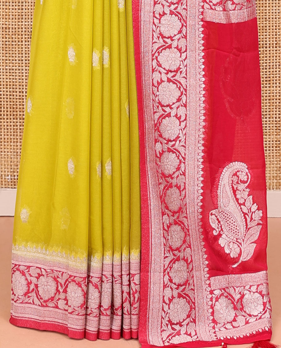 Mustard Banarasi Georgette Saree, Ornamented with Zari Buttas All Over Its Body, Complemented by a Contrast Floral Creeper Design Border, Pallu of Paisleys, and Paired with a Contrast Blouse
