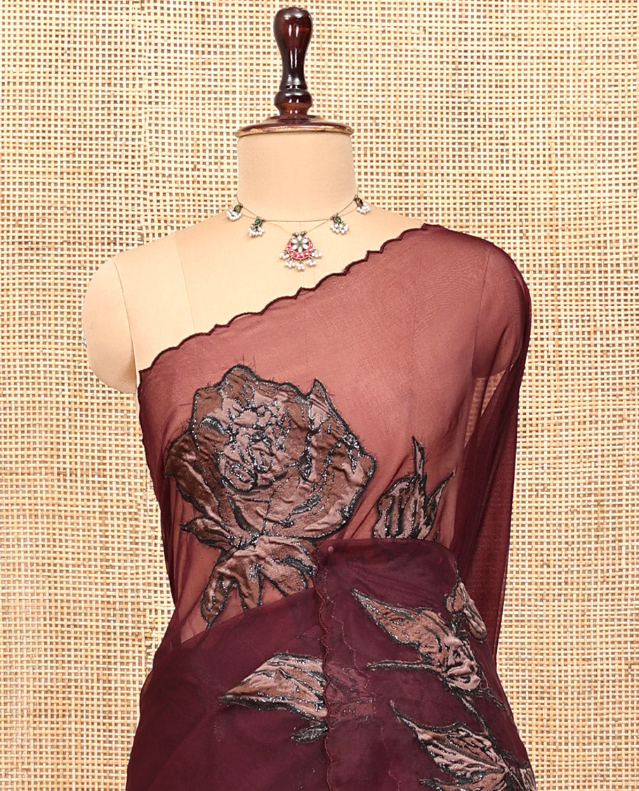 Purple Turkey Organza Saree Features Rose Floral Applique Embroidery, a Scallop Border, Matching Blouse