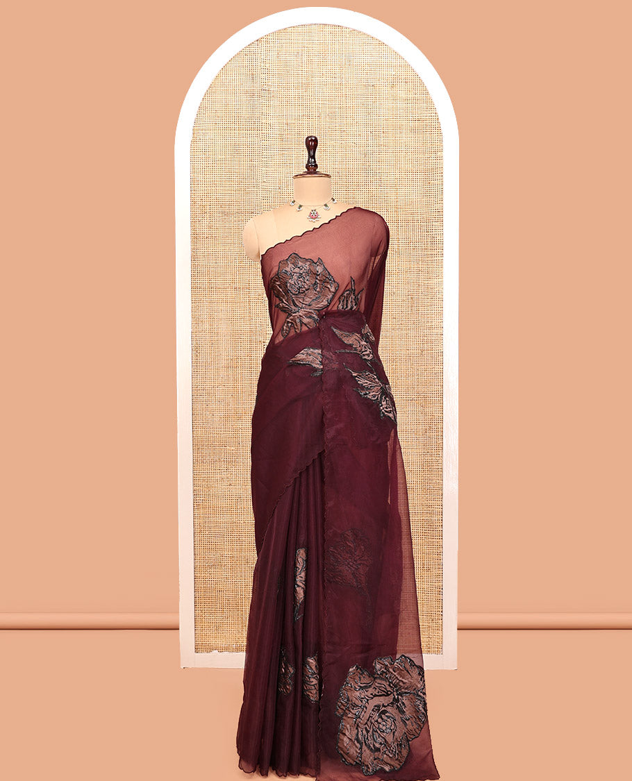 Purple Turkey Organza Saree Features Rose Floral Applique Embroidery, a Scallop Border, Matching Blouse