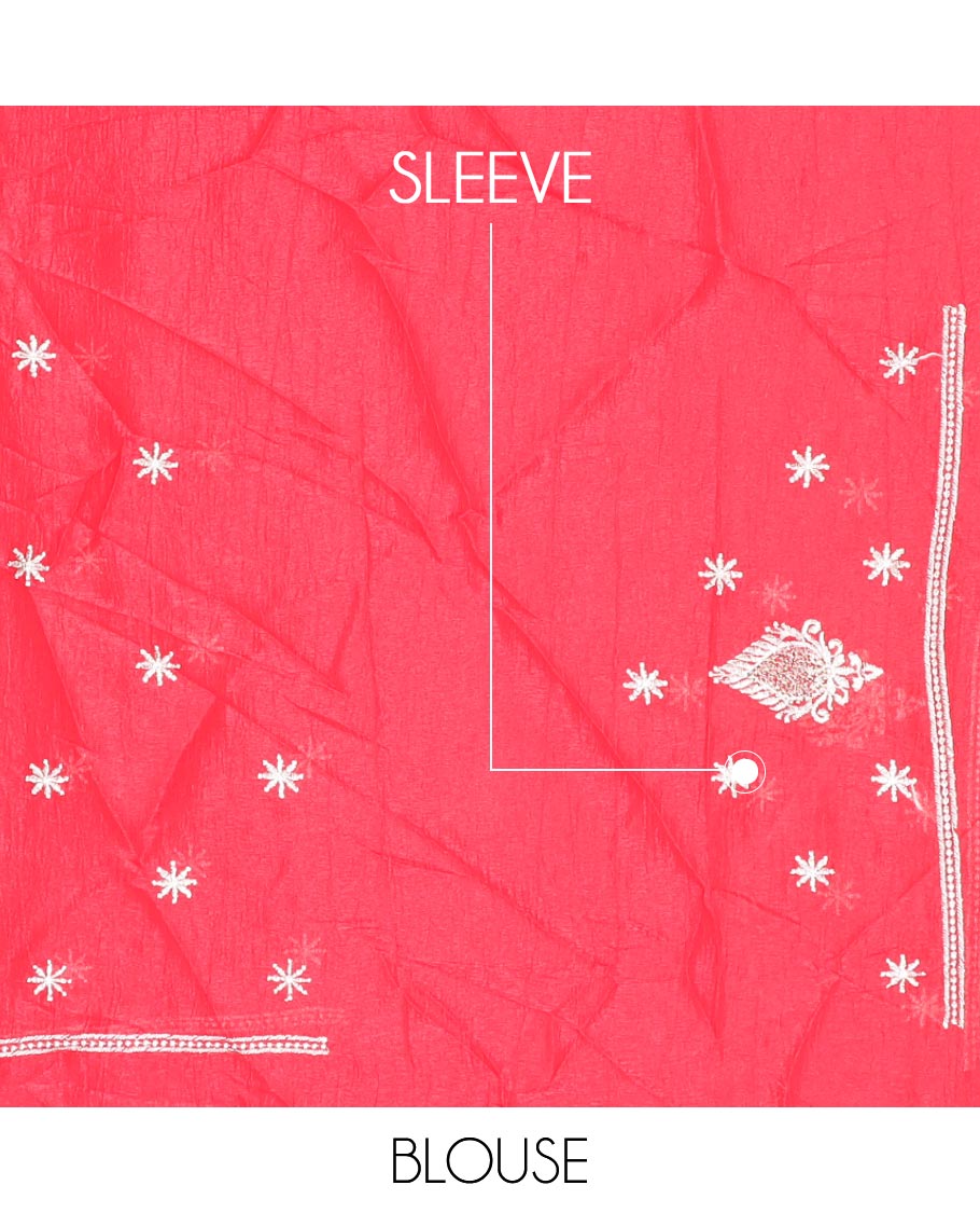 Red designer saree with unique embroidered motifs in micro-stone, intricately embroidered border