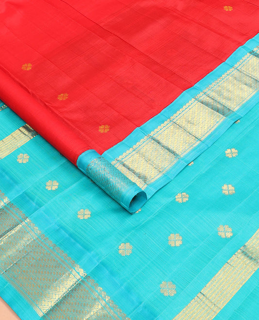 Red zari buttas kanchipuram silksaree, contrast one-sided korvai border of salngai & puli nagam & zari design pallu