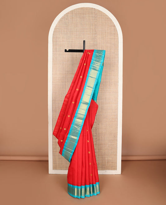 Red zari buttas kanchipuram silksaree, contrast one-sided korvai border of salngai & puli nagam & zari design pallu