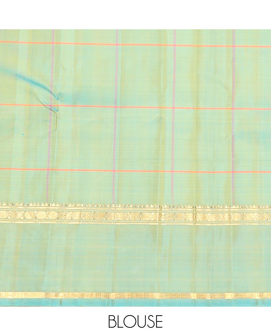 Yellow chakra butta enclosed checks kanchipuram silksaree, contrast rettai pettu ganga jamuna border of rekku,banaras,muthu & poun & chakra pallu