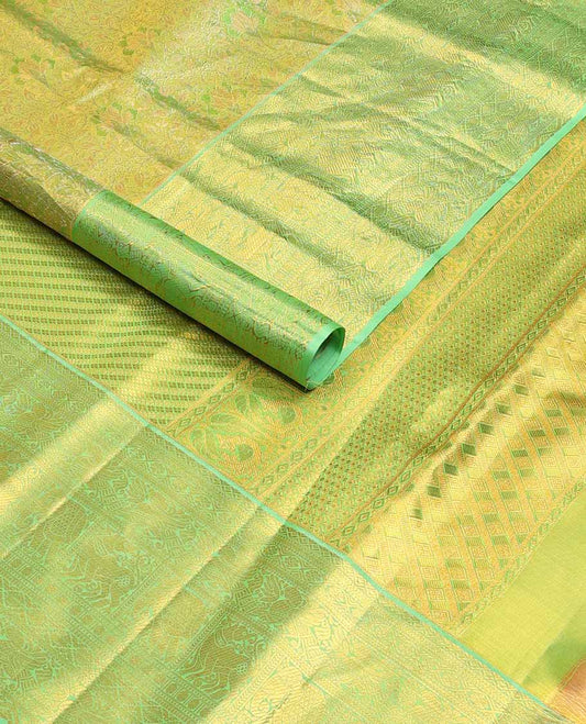 Green jacquard tissue silk saree, striped pallu & zari border of ogee,kathir,mayil,yaanai,yaali & rudraksham