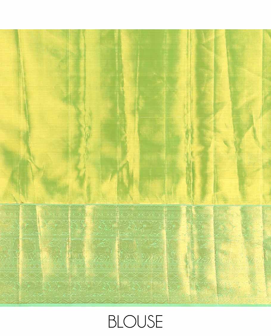 Green jacquard tissue silk saree, striped pallu & zari border of ogee,kathir,mayil,yaanai,yaali & rudraksham