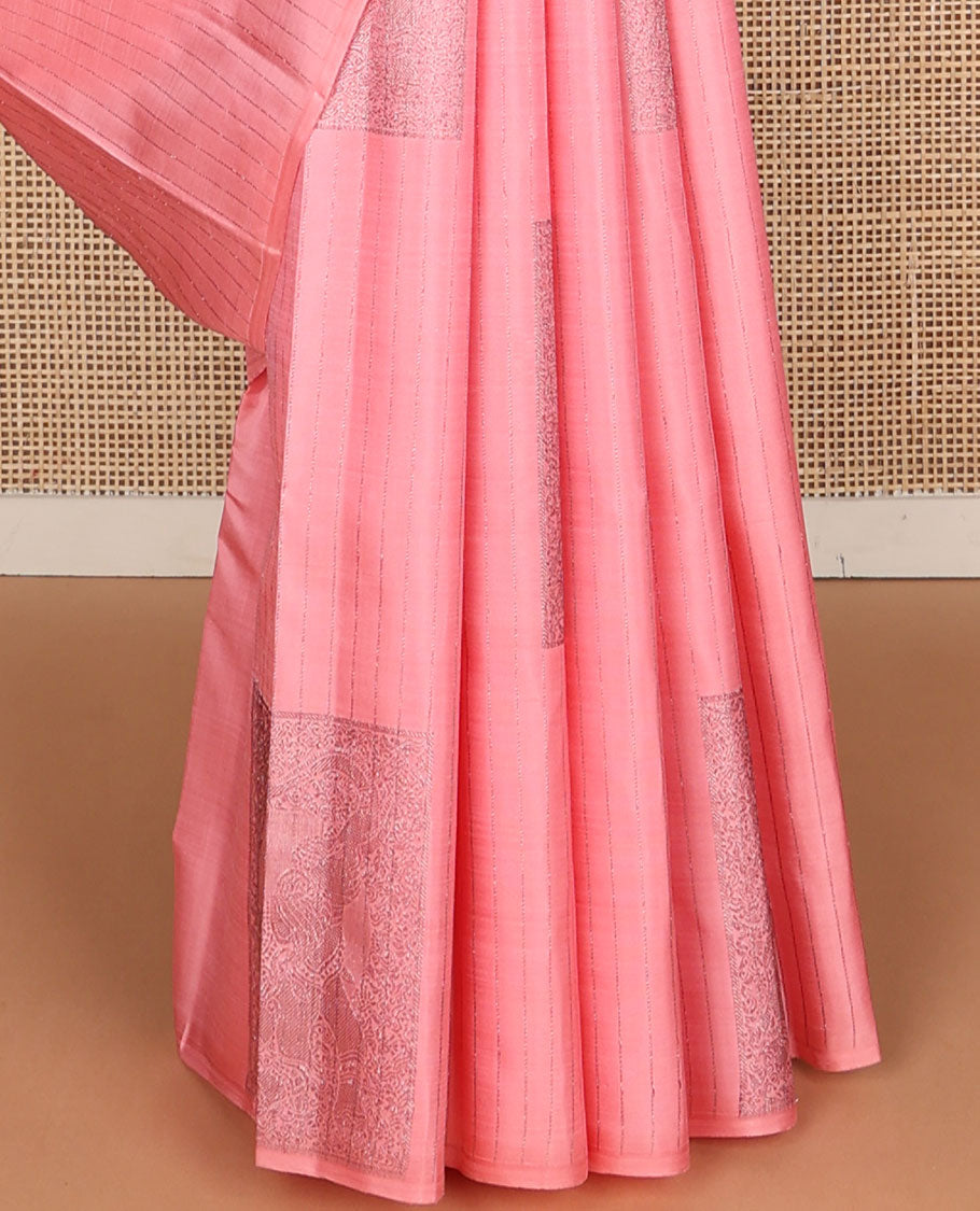 Borderless pink zari stripes & yaanai buttas Kanchipuram silk saree, contrast jaal pallu