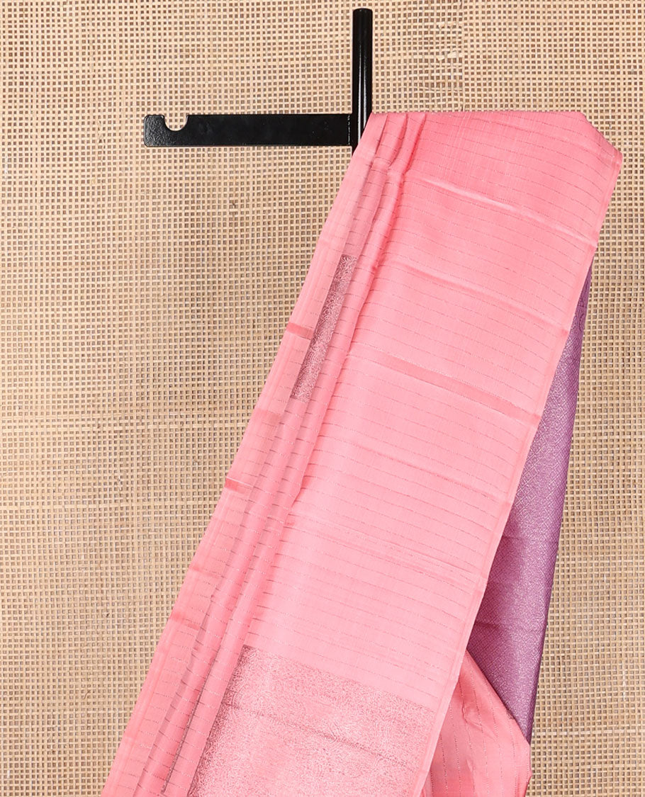 Borderless pink zari stripes & yaanai buttas Kanchipuram silk saree, contrast jaal pallu