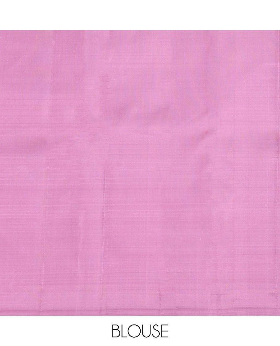 Borderless pink zari stripes & yaanai buttas Kanchipuram silk saree, contrast jaal pallu