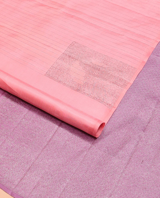 Borderless pink zari stripes & yaanai buttas Kanchipuram silk saree, contrast jaal pallu