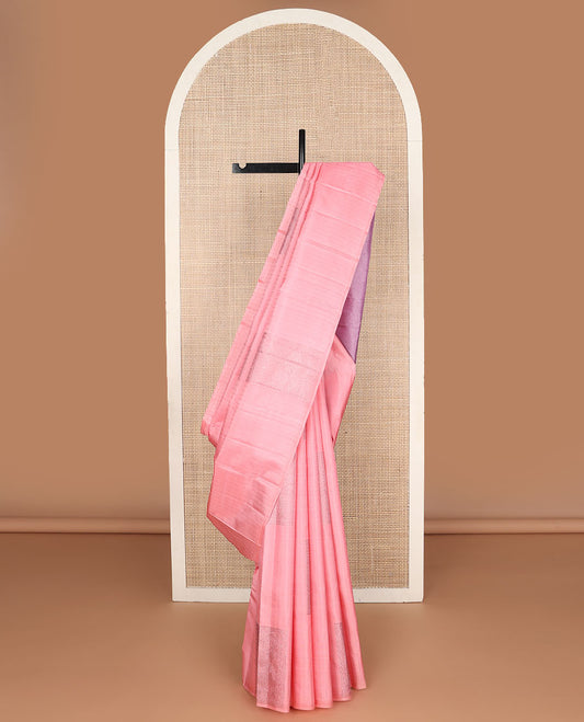 Borderless pink zari stripes & yaanai buttas Kanchipuram silk saree, contrast jaal pallu