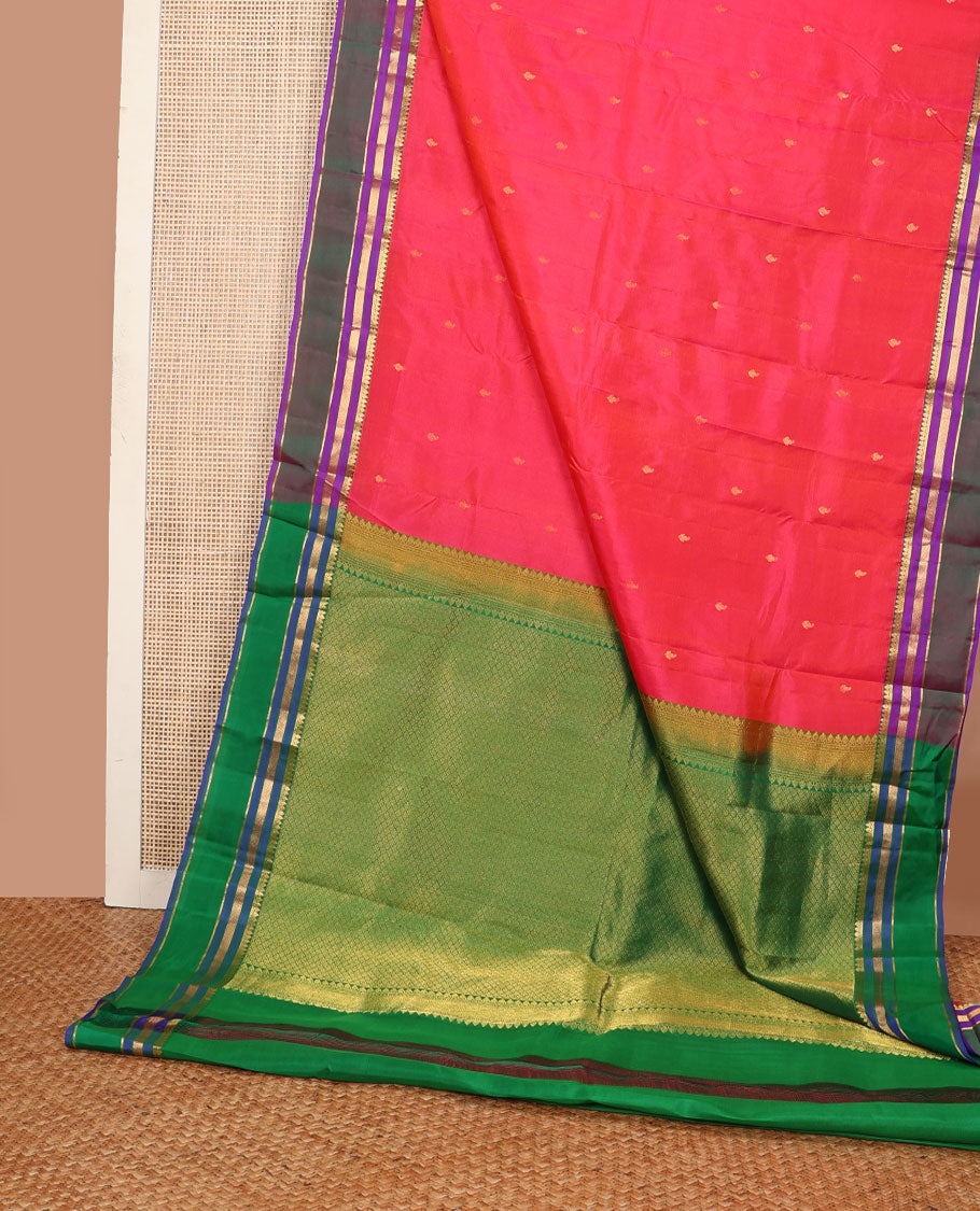 Red zari buttas Kanchipuram silk saree, contrast rettai pettu border of thilakam mokku,banaras & mayil kann & pallu of jaal designs