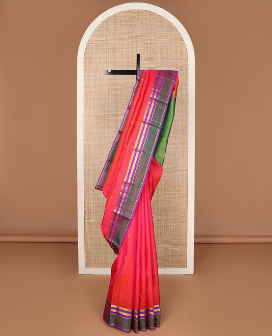 Red zari buttas Kanchipuram silk saree, contrast rettai pettu border of thilakam mokku,banaras & mayil kann & pallu of jaal designs