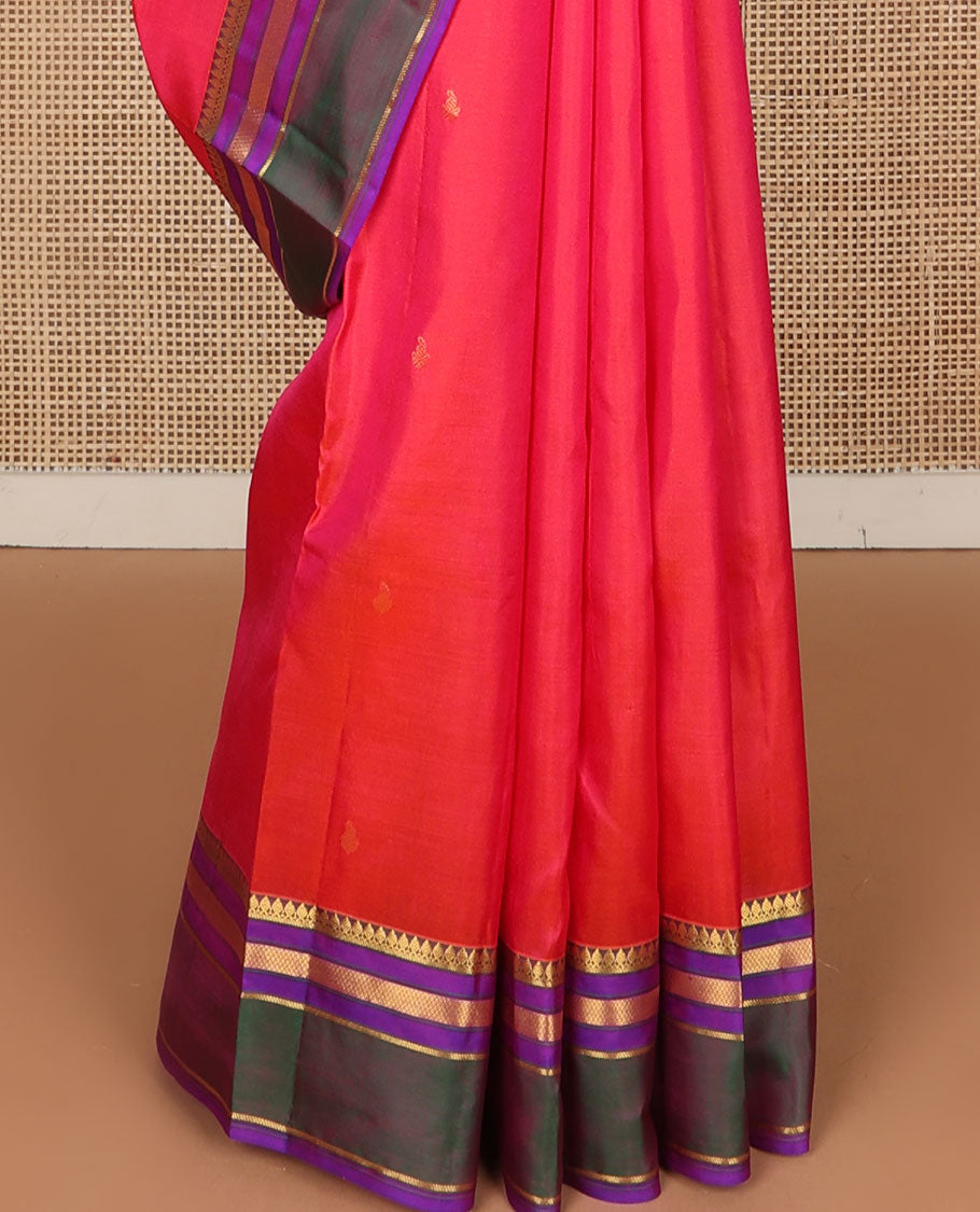 Red zari buttas Kanchipuram silk saree, contrast rettai pettu border of thilakam mokku,banaras & mayil kann & pallu of jaal designs