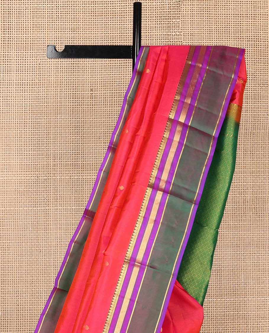 Red zari buttas Kanchipuram silk saree, contrast rettai pettu border of thilakam mokku,banaras & mayil kann & pallu of jaal designs