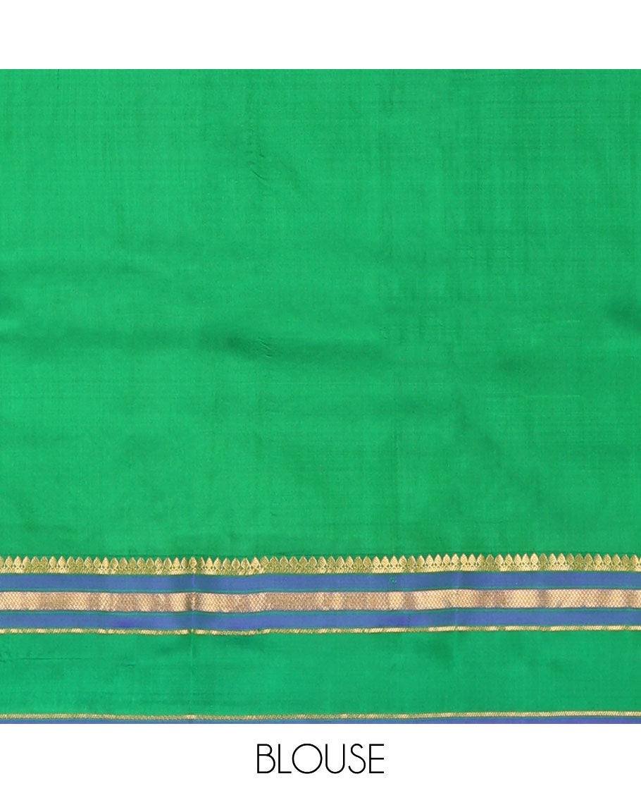 Red zari buttas Kanchipuram silk saree, contrast rettai pettu border of thilakam mokku,banaras & mayil kann & pallu of jaal designs