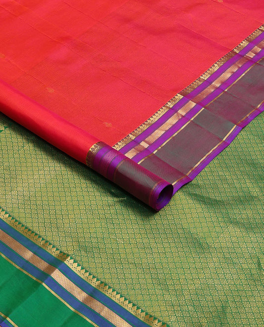 Red zari buttas Kanchipuram silk saree, contrast rettai pettu border of thilakam mokku,banaras & mayil kann & pallu of jaal designs