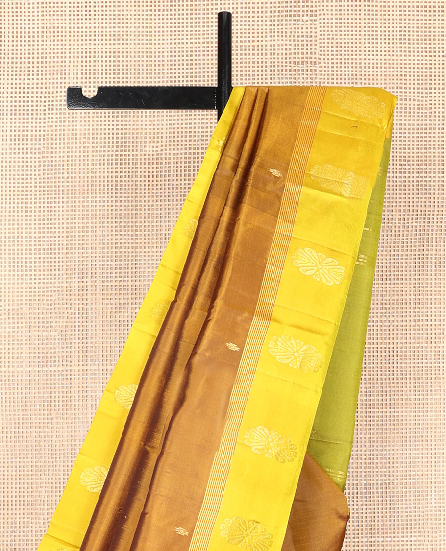 Honey zari buttas silk saree, contrast floral design border & zari design pallu