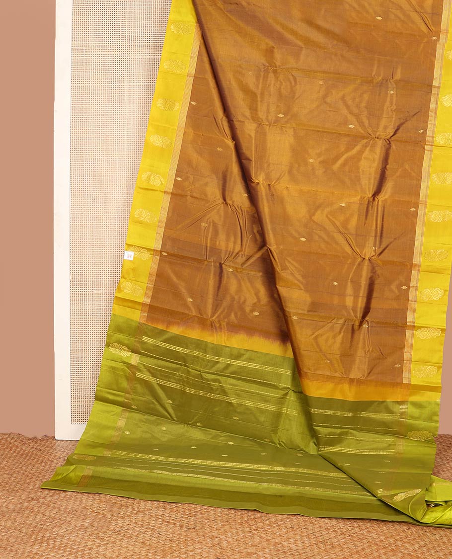 Honey zari buttas silk saree, contrast floral design border & zari design pallu