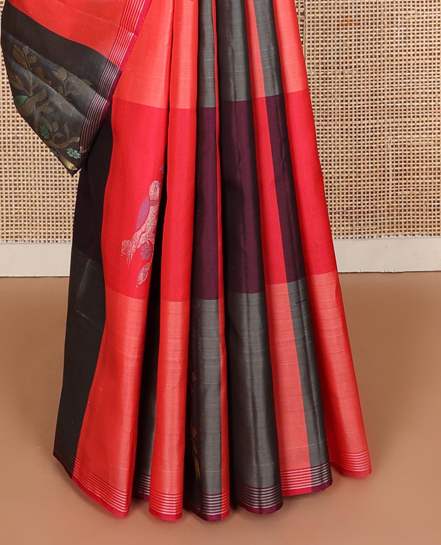 Multi-colored bird buttas enclosed checked Kanchipuram silk saree, striped piping border, and zari-rich pallu
