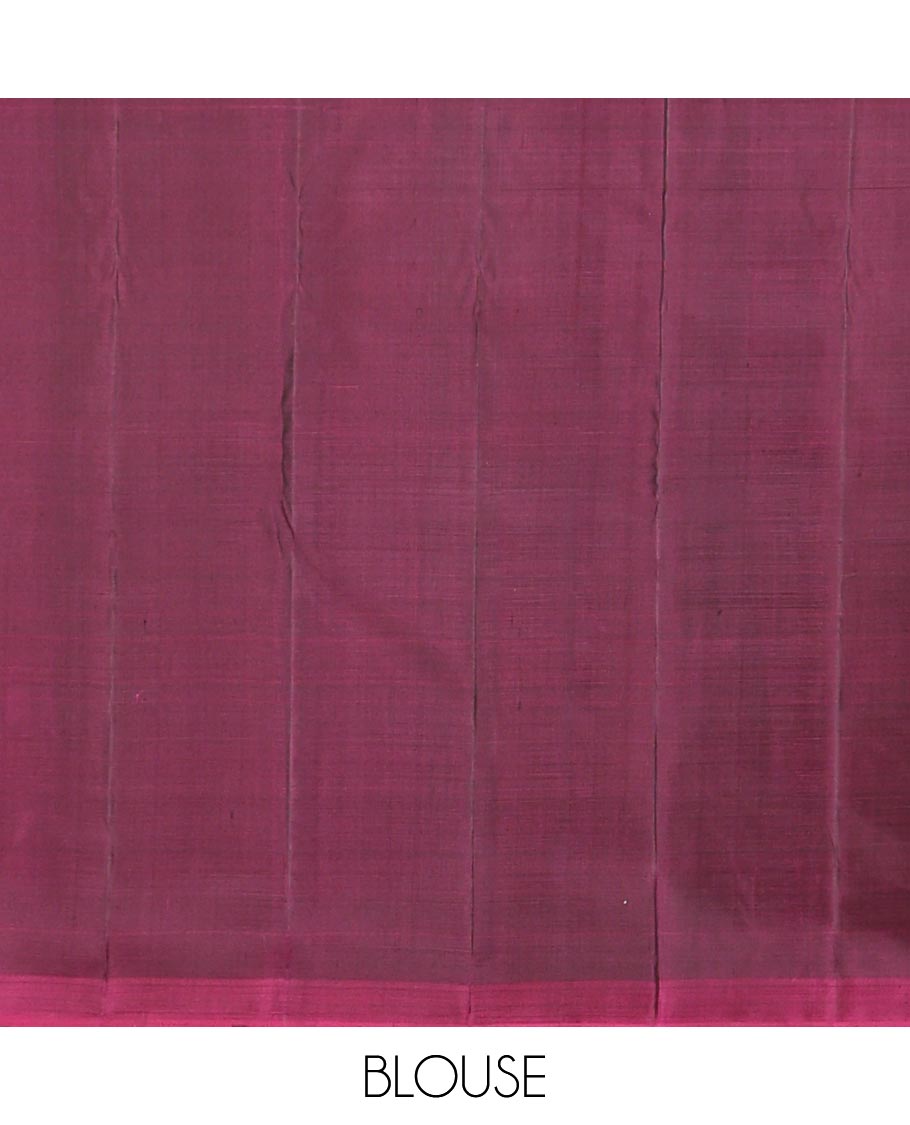 Multi-colored bird buttas enclosed checked Kanchipuram silk saree, striped piping border, and zari-rich pallu