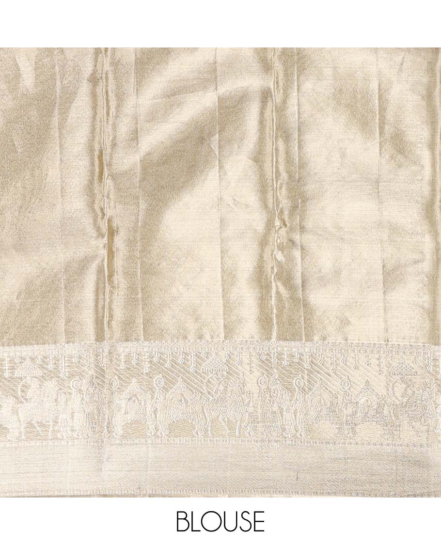 Gold jacquard Kanchipuram silk saree, wedding-theme border, and jaal pallu