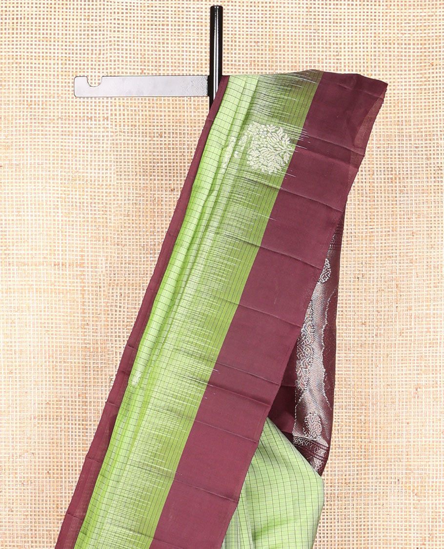Green checked, floral motifs mayuri soft silk saree with contrast border & floral zari design pallu
