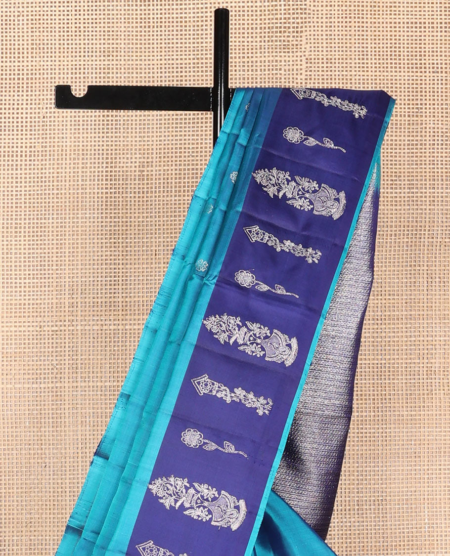 Blue soft silk saree with zari buttas, contrast zari design border & zari weave pallu