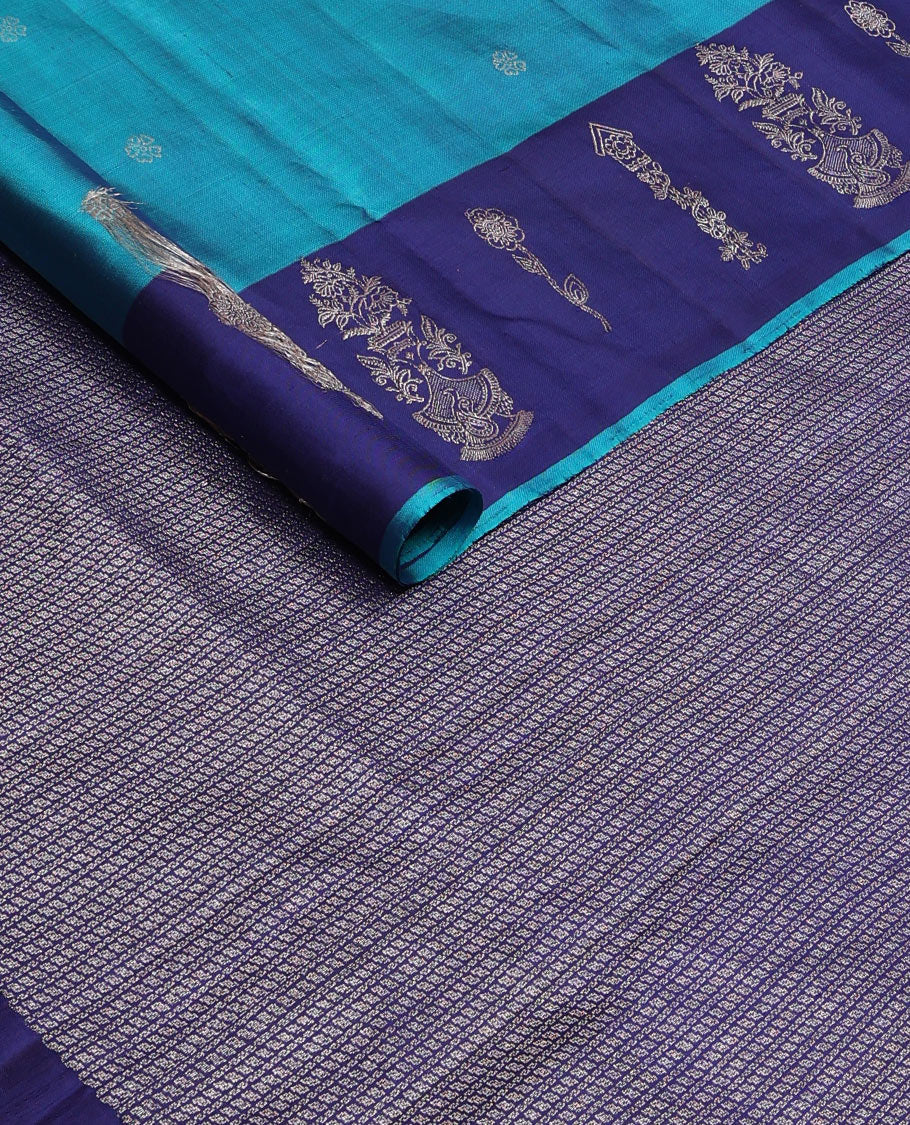 Blue soft silk saree with zari buttas, contrast zari design border & zari weave pallu