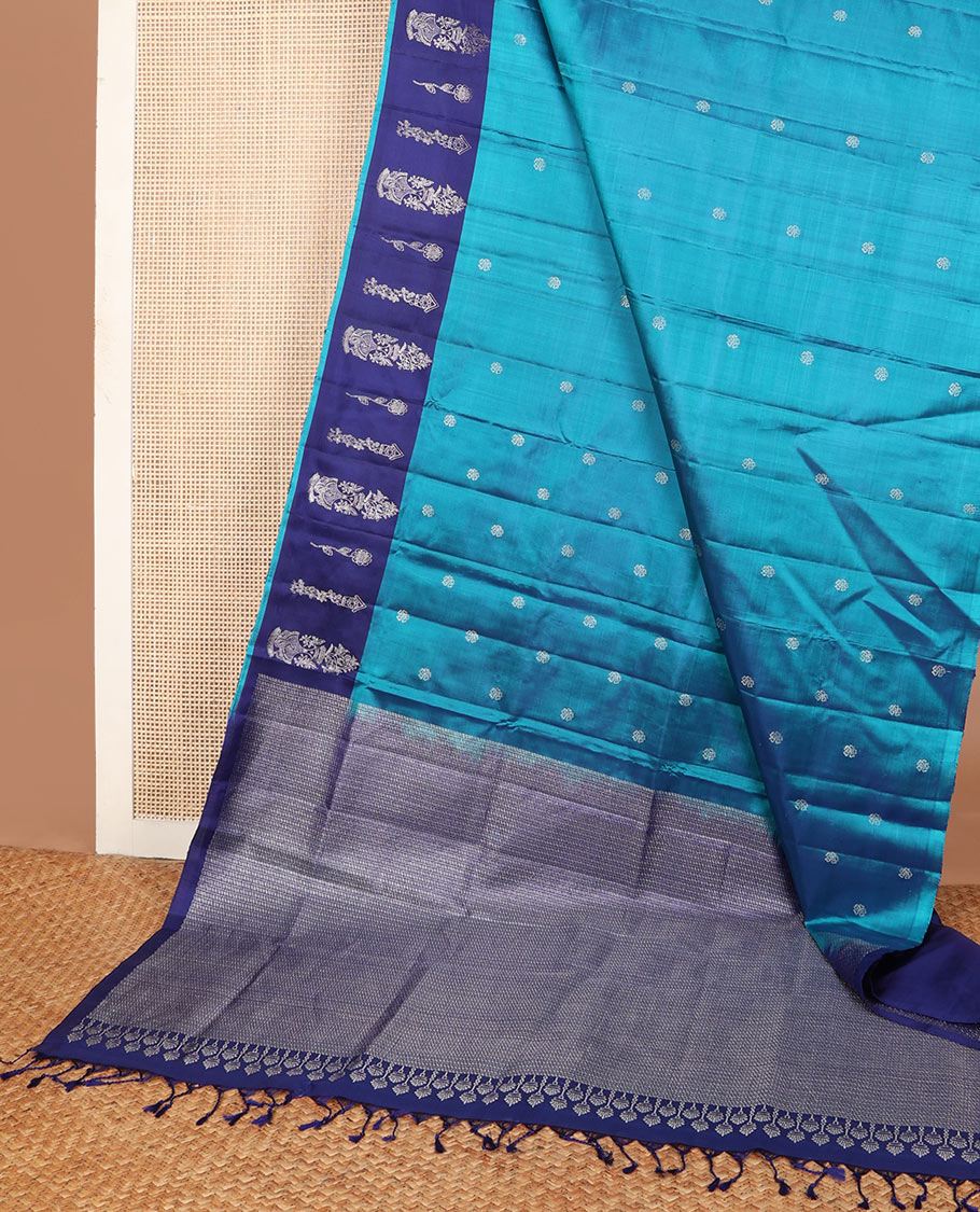 Blue soft silk saree with zari buttas, contrast zari design border & zari weave pallu