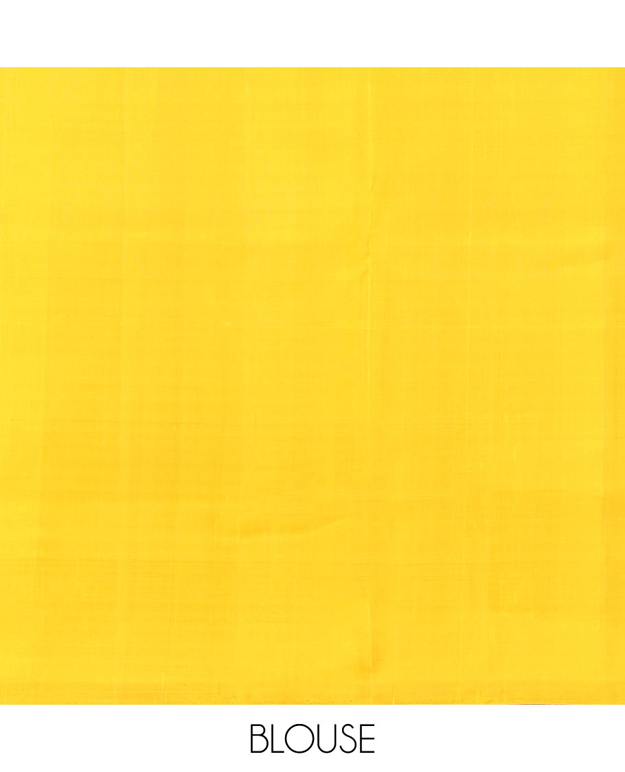 Broderless yellow striped and temple design soft silk saree, zari woven pallu of seppu rekku designs