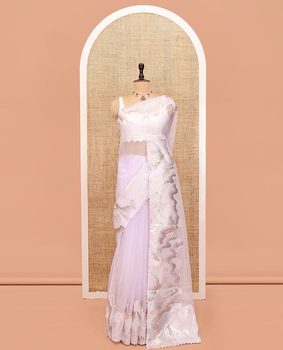 Pale Lavender Plain Organza Saree, Gleamed Up with Golden-Foil Floral Embroidery Border and a Matching Blouse