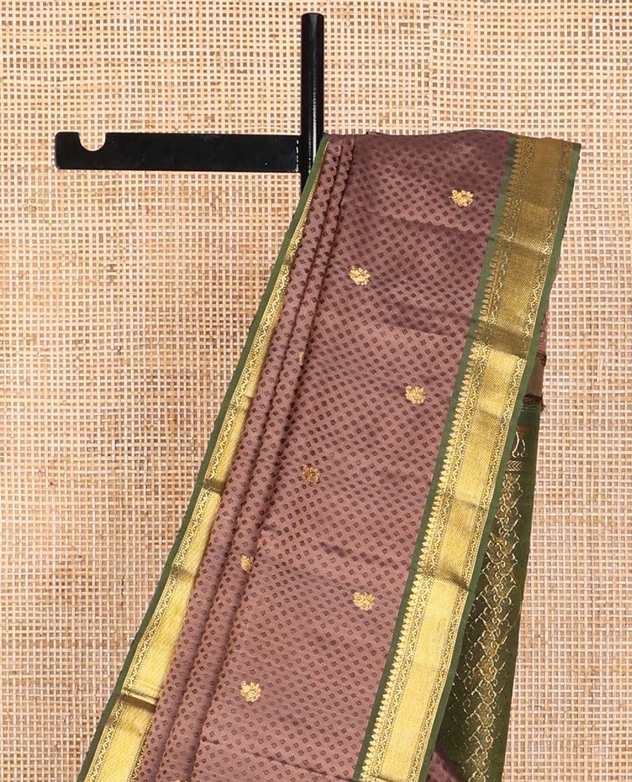 Brown floral design silk saree with contrast border of rekku, muthu, banaras design & zari design pallu