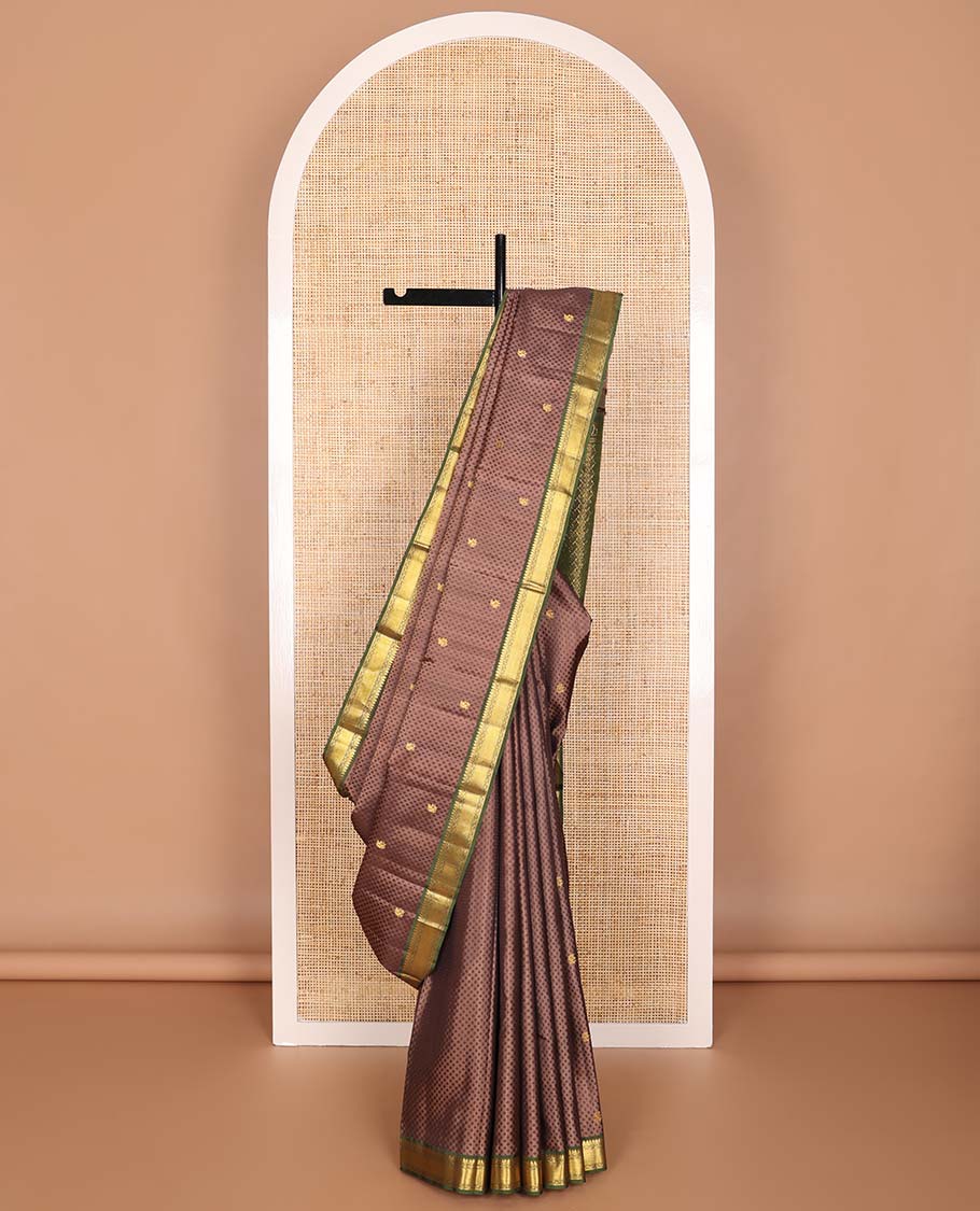 Brown floral design silk saree with contrast border of rekku, muthu, banaras design & zari design pallu