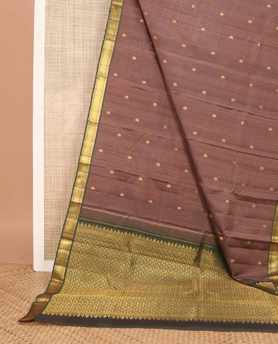 Brown floral design silk saree with contrast border of rekku, muthu, banaras design & zari design pallu
