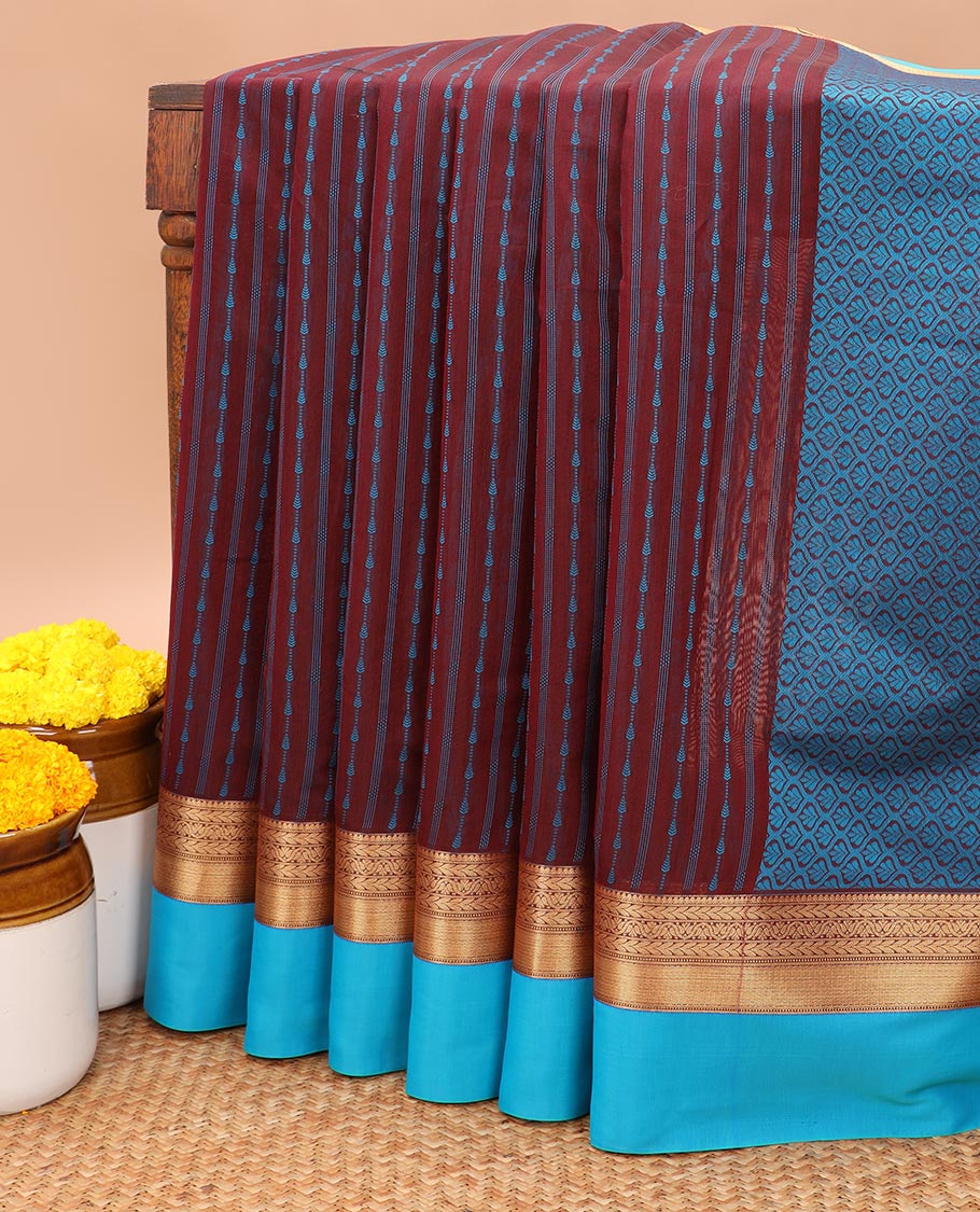 Maroon thread weaving silk cotton saree with zari border & thread weaving rich pallu along with weaving blouse