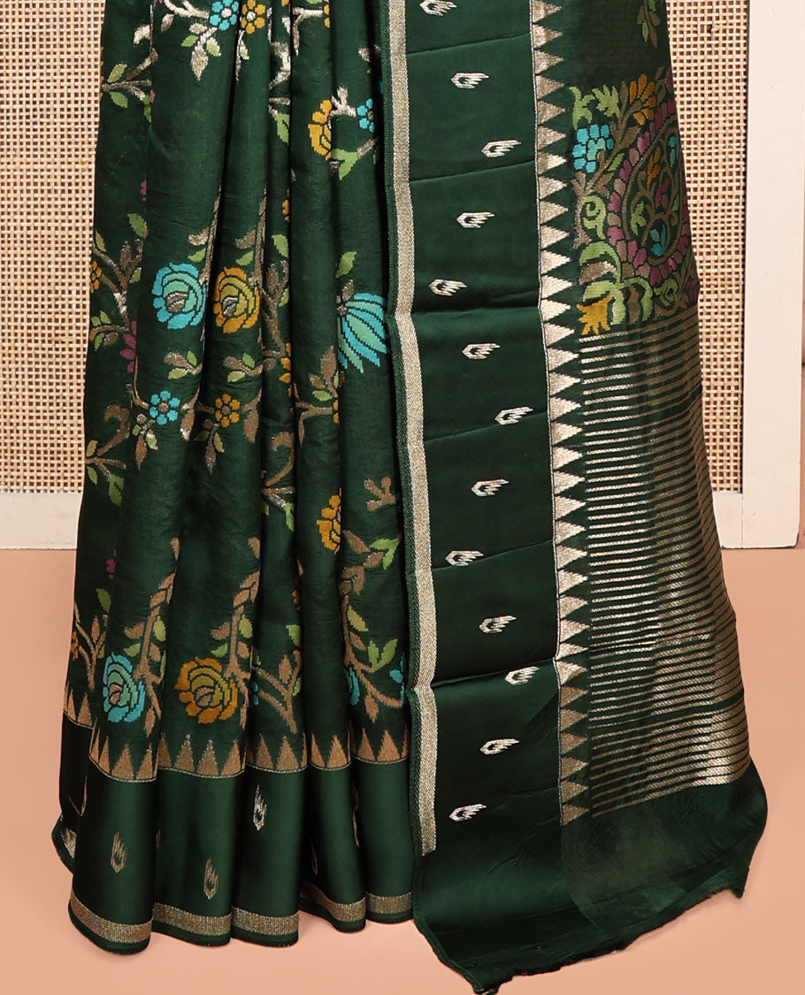 Green Matka Silk Saree, Featuring Meenakari Floral Vine All Over Its Body, Highlighted by Temple Border of Buttas, Pallu of Meenakari Floral Designs, and Paired with a Matching Blouse