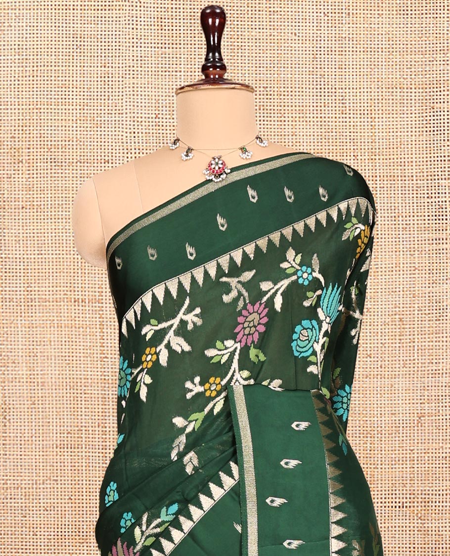 Green Matka Silk Saree, Featuring Meenakari Floral Vine All Over Its Body, Highlighted by Temple Border of Buttas, Pallu of Meenakari Floral Designs, and Paired with a Matching Blouse