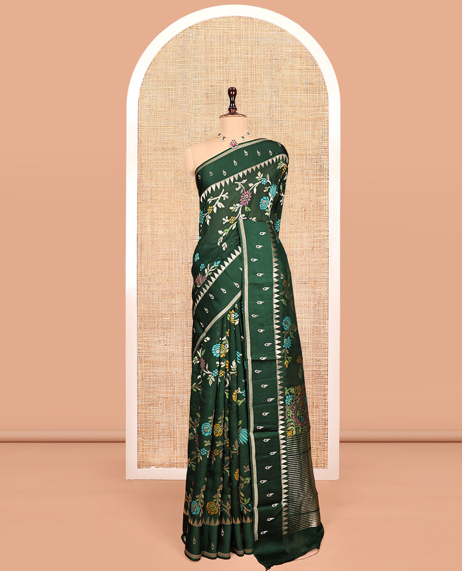 Green Matka Silk Saree, Featuring Meenakari Floral Vine All Over Its Body, Highlighted by Temple Border of Buttas, Pallu of Meenakari Floral Designs, and Paired with a Matching Blouse