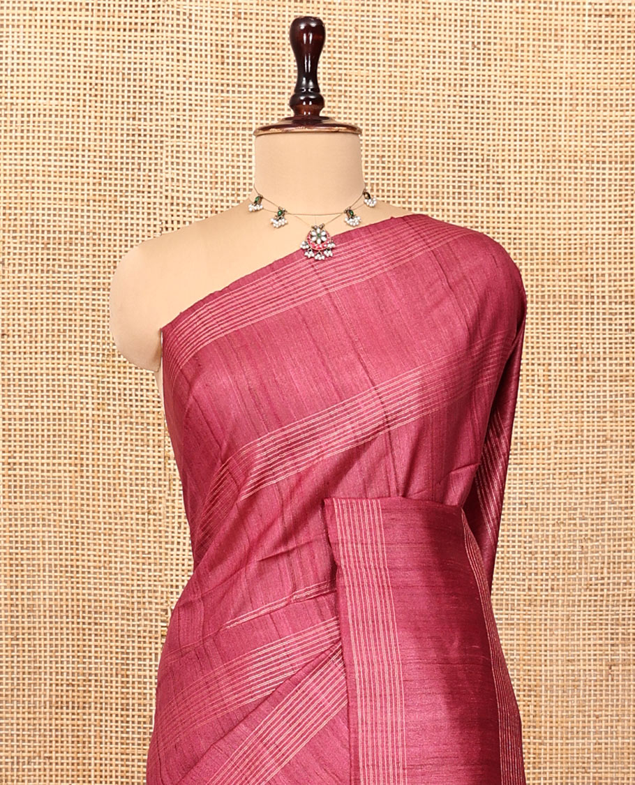 Borderless Red Tussar Silk Saree, Subtly Sparkled with Stripes, Self-Pallu of Stripes, and Matching Blouse