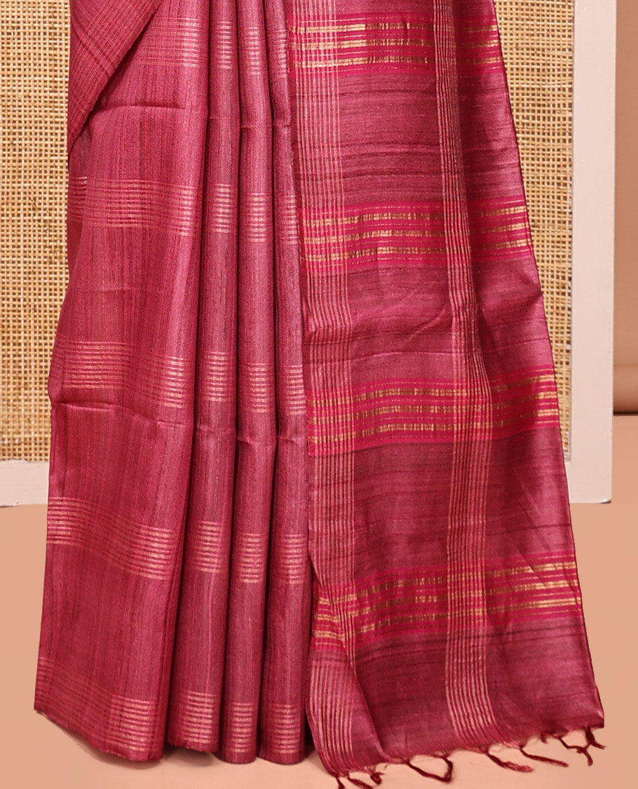 Borderless Red Tussar Silk Saree, Subtly Sparkled with Stripes, Self-Pallu of Stripes, and Matching Blouse