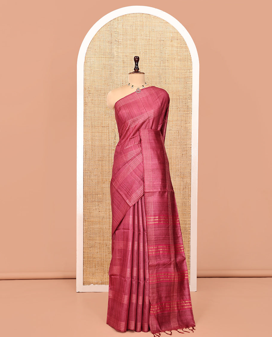 Borderless Red Tussar Silk Saree, Subtly Sparkled with Stripes, Self-Pallu of Stripes, and Matching Blouse