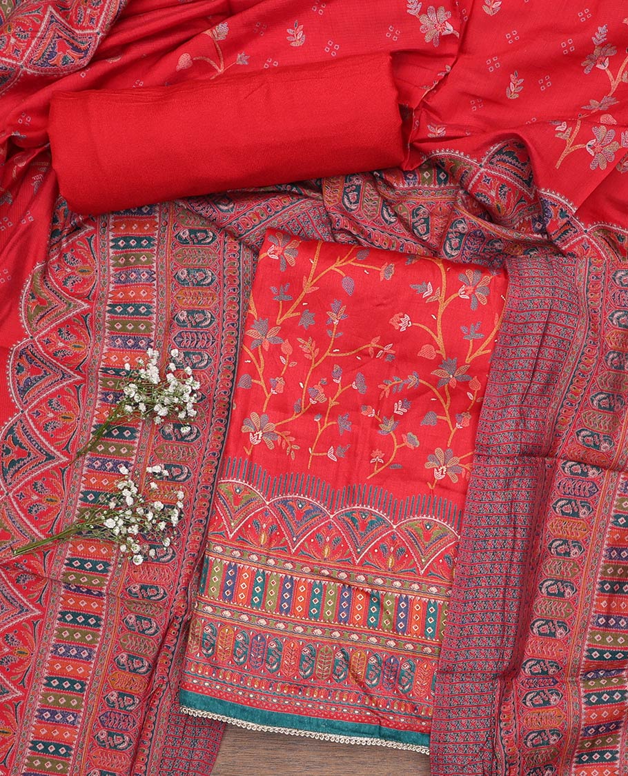 Red material churidar set, floral and kaleidoscopic geometric patterned rayon top, plain bottom, and dupatta of floral and geometric patterns