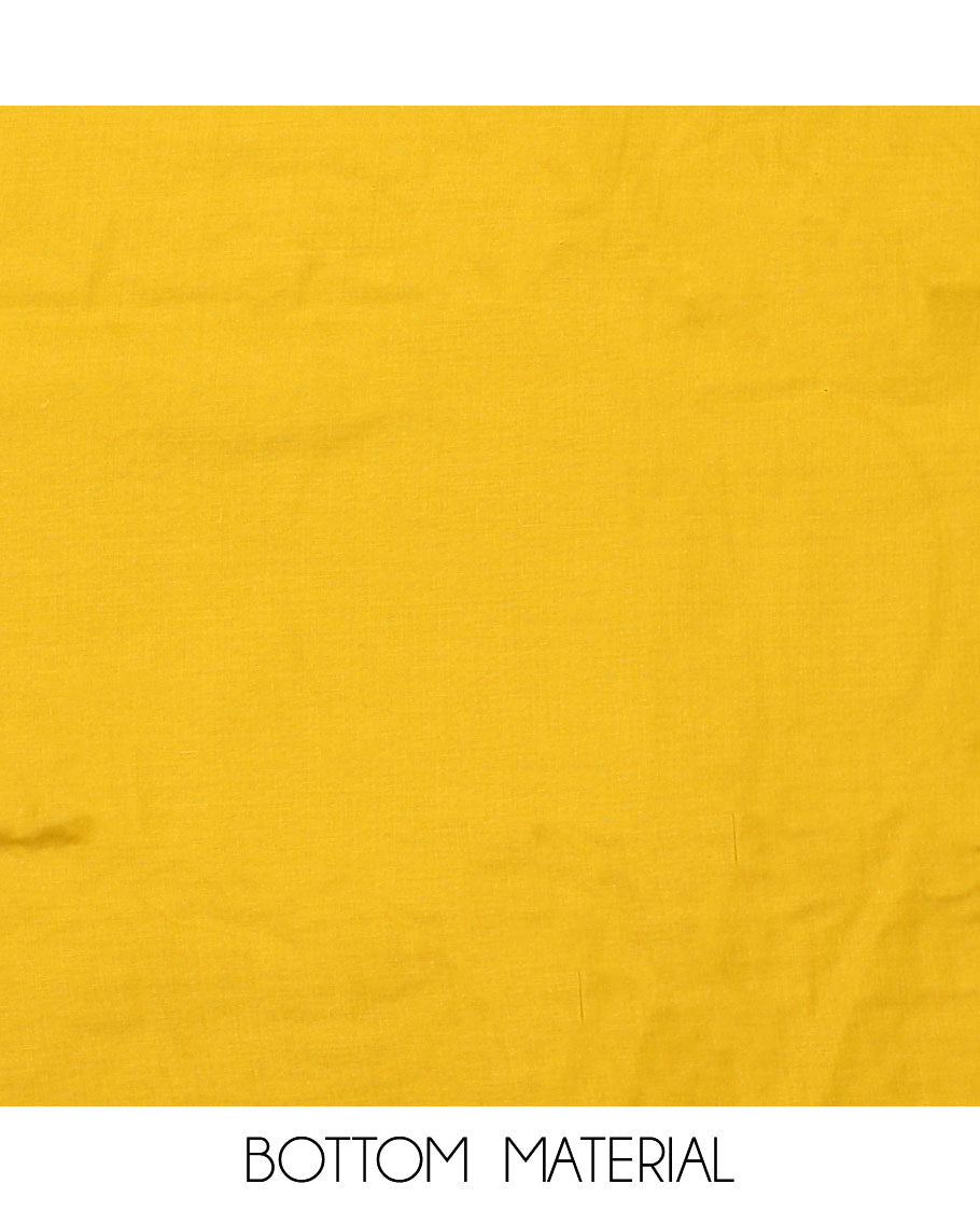 Yellow material chudidar set, floral print and neck embroidered top, plain bottom, and floral jaal embroidered dupatta