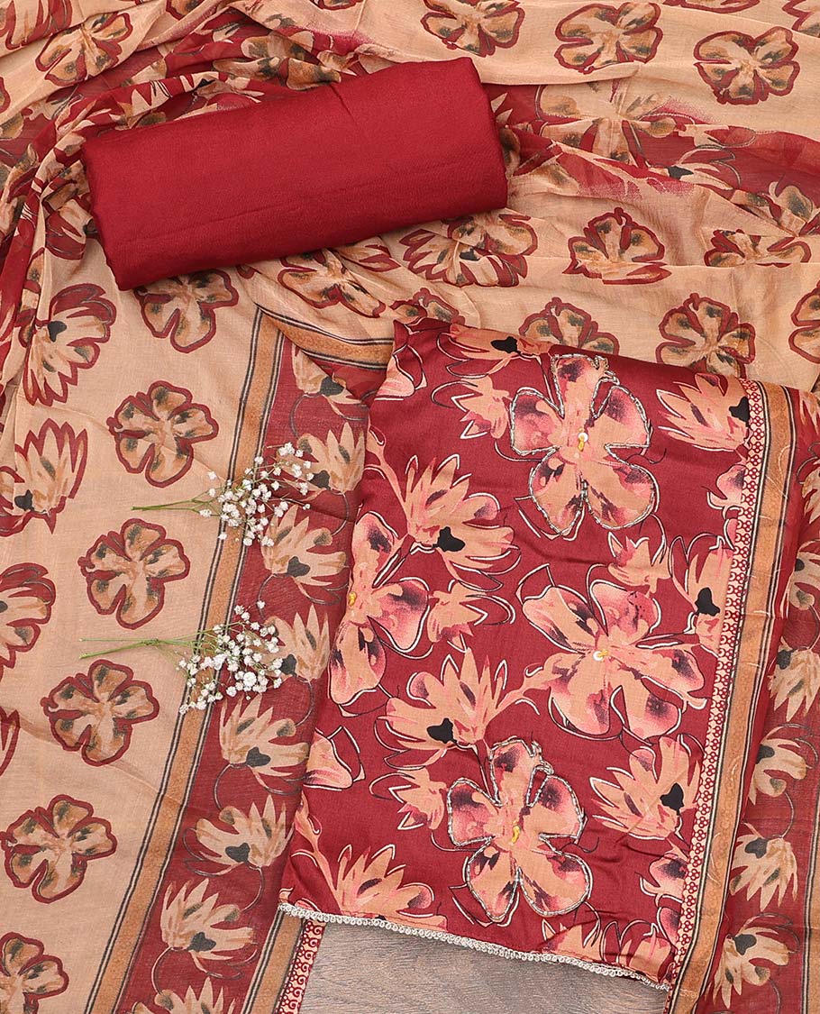 Terracotta red material chudidar set, floral printed top, plain bottom, and dupatta floral print