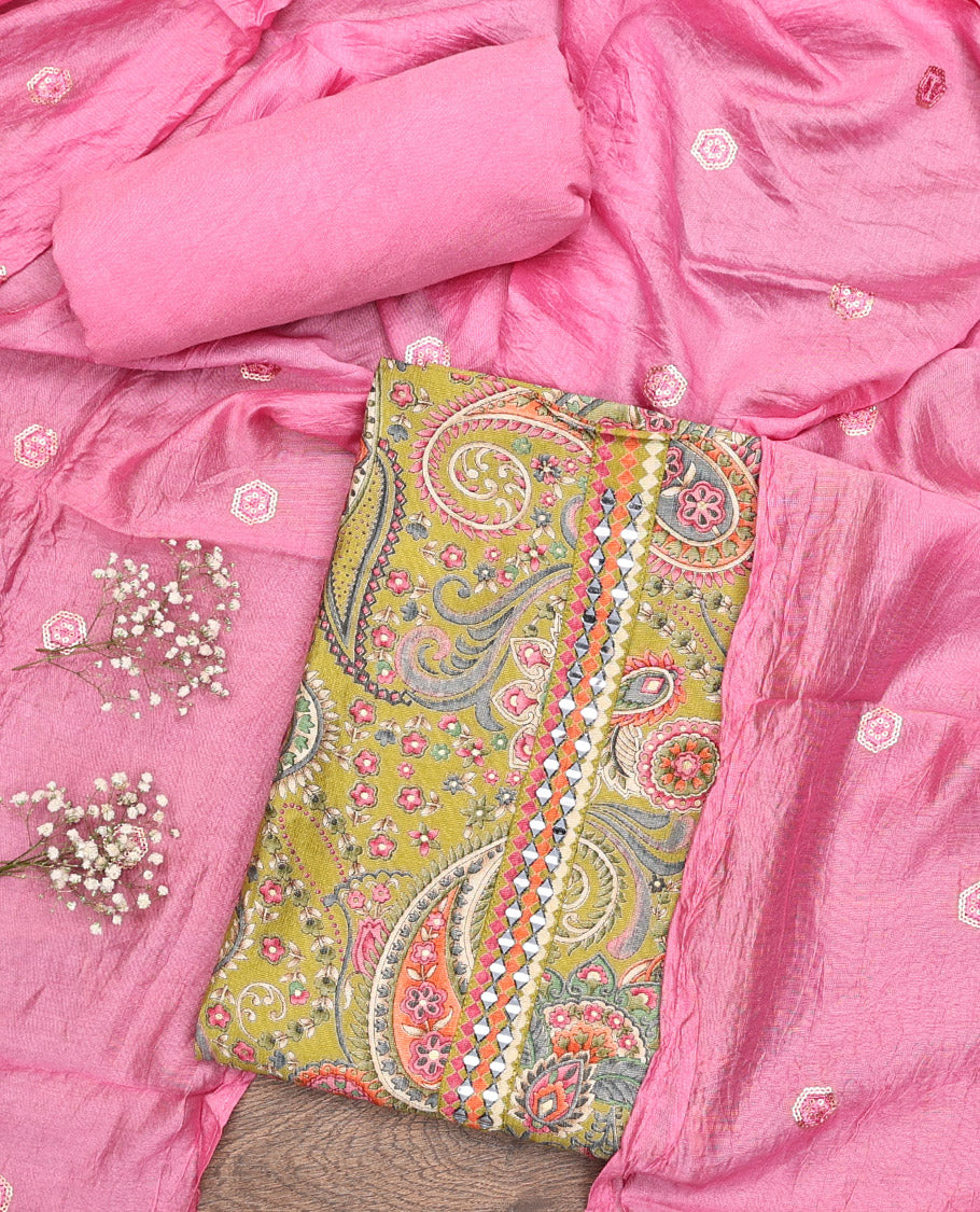 Green Material Chudidar Set, Intricately Designed with Paisley Print and Mirror Work on Its Top, a Contrast Plain Rayon Bottom, and Paired with a Sequins Embroidered Chanderi Silk Dupatta
